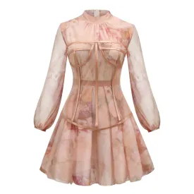 Women's Printed Chiffon Slim Dress Women's Long Sleeve Gauze Lace Floral Dress Female Print Autumn Elegant Fashion Sweet Casual