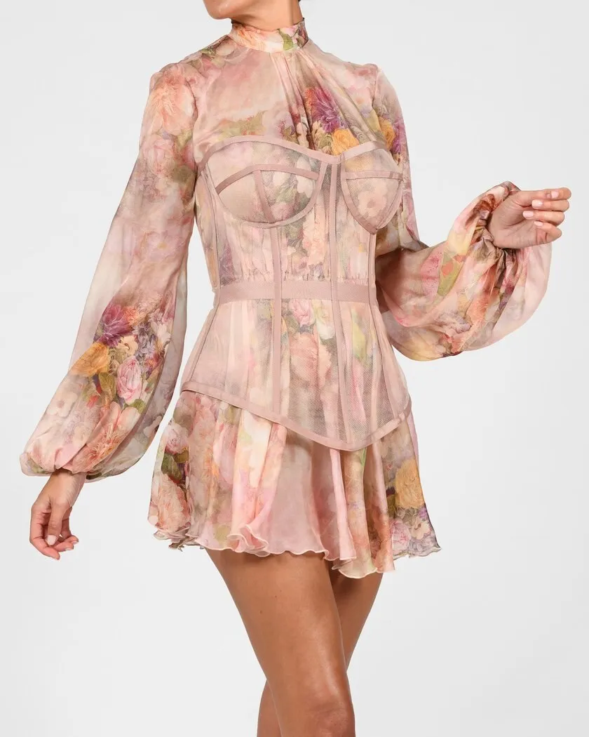 Women's Printed Chiffon Slim Dress Women's Long Sleeve Gauze Lace Floral Dress Female Print Autumn Elegant Fashion Sweet Casual