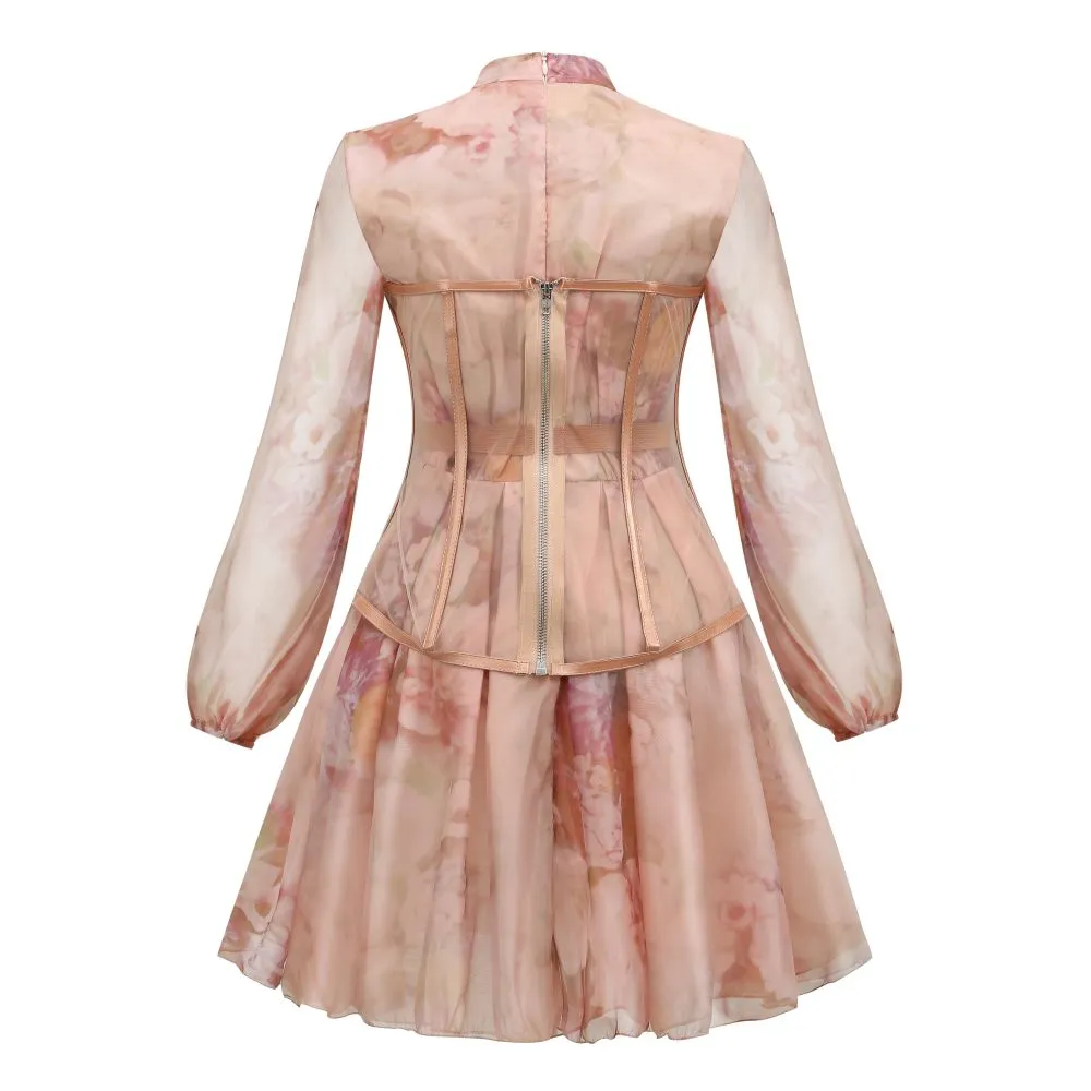 Women's Printed Chiffon Slim Dress Women's Long Sleeve Gauze Lace Floral Dress Female Print Autumn Elegant Fashion Sweet Casual