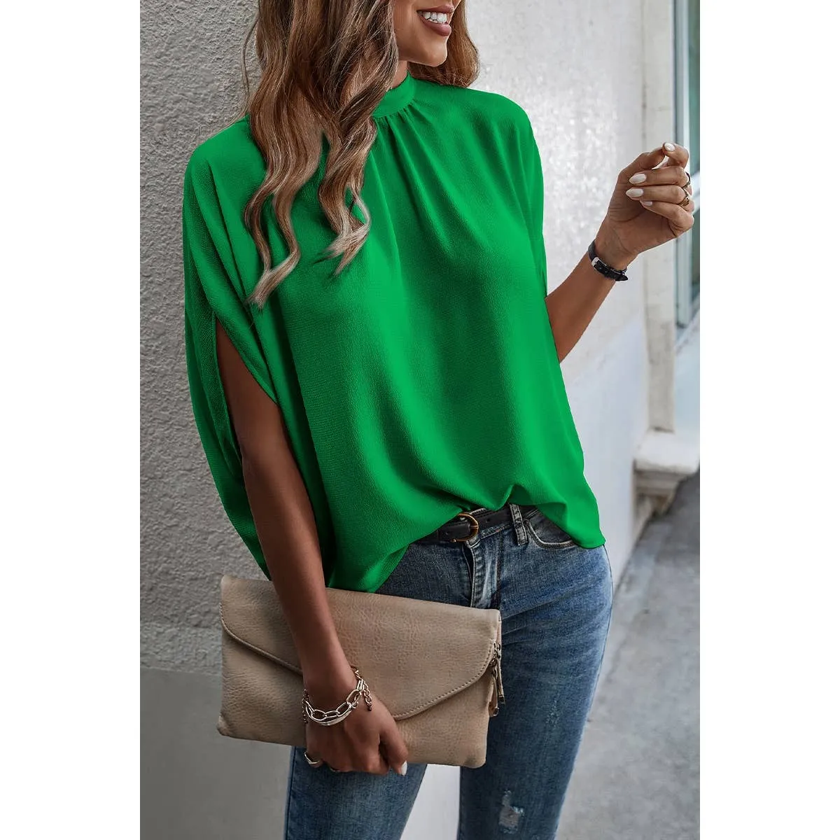 Women's Solid Cape Short Sleeve Loose Top / GREEN