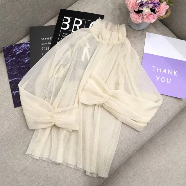xakxx Korean Loose Bell Sleeve Chiffon Shirt Woman Simple Transparent Slim Ladies Shirt Ladies Casual Wrinkled Solid Blouses Women
