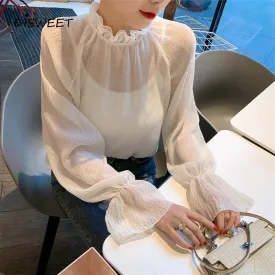 xakxx Korean Loose Bell Sleeve Chiffon Shirt Woman Simple Transparent Slim Ladies Shirt Ladies Casual Wrinkled Solid Blouses Women